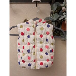 F&F Kids Polka Dot Puffer Vest White Pink Fleece Lined Faux Fur Hood 3-4 Years